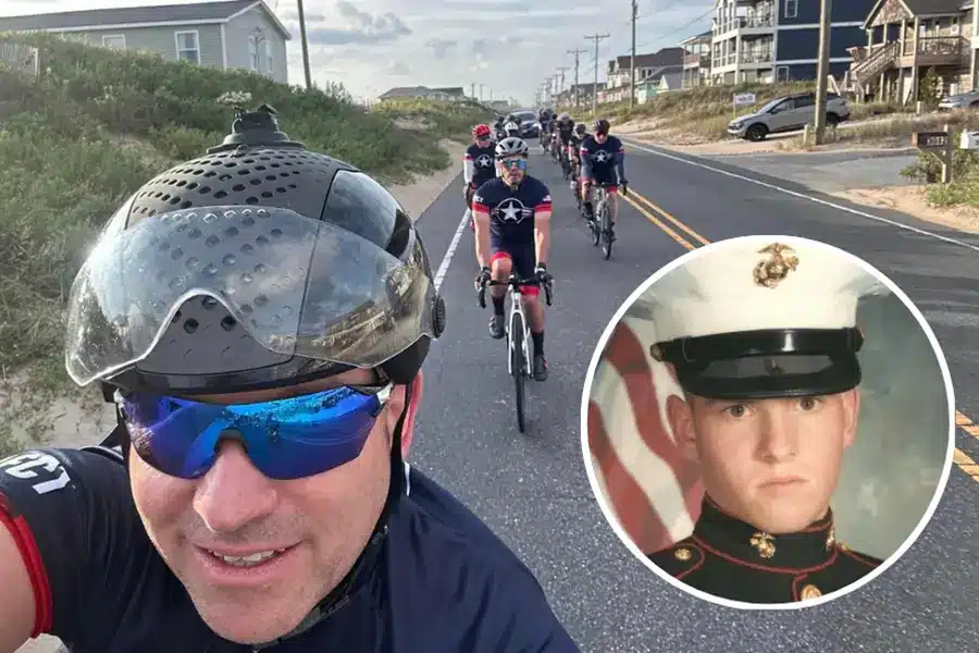 aaron harper cycling with circle image of his military photo