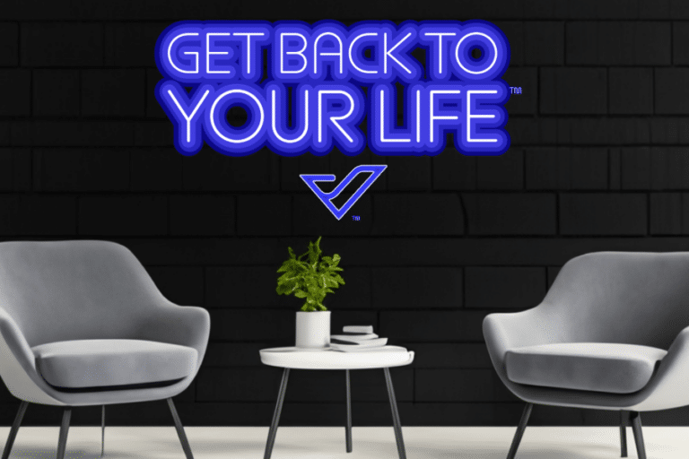 get back to your life podcast sign with 2 empty chairs