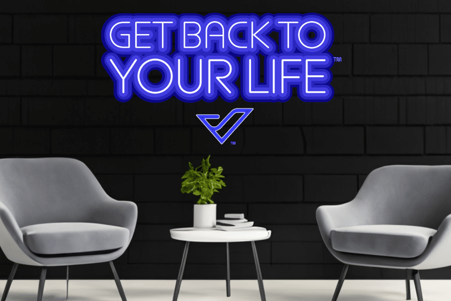 get back to your life podcast sign with 2 empty chairs