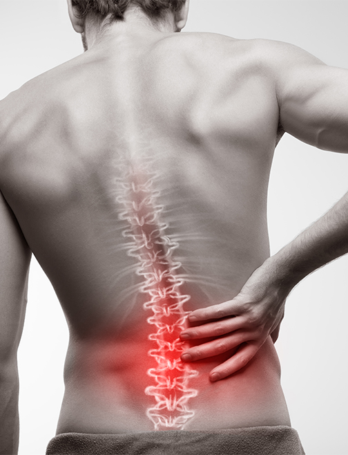 grayscale man with red lower back pain