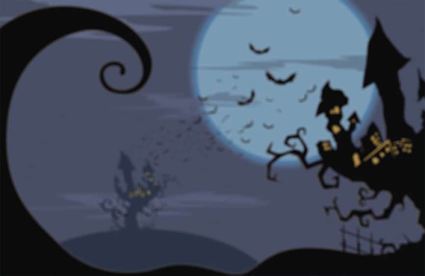 Spooky illustration with a dark tower and bats